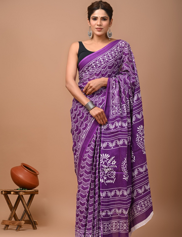 Purple 80s Count Mul Mul Cotton Saree