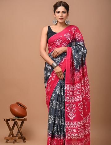 Grey with Pink 80s count Mul Mul Cotton Saree