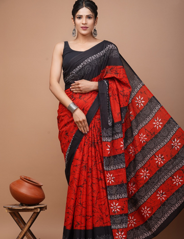 Red with Ash 80s count Mul Mul Cotton Saree