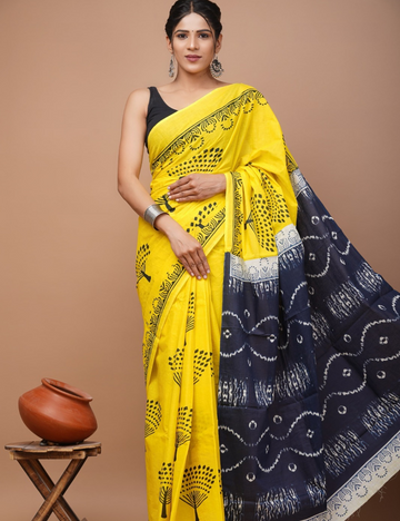 Yellow with Dark Grey 80s count Mul Mul Cotton Saree
