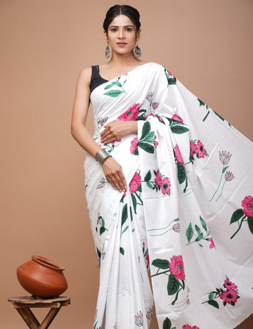 white floral 80s count Mul Mul Cotton Saree