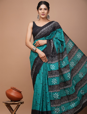 Peacock green with black 80s count Mul Mul Cotton Saree