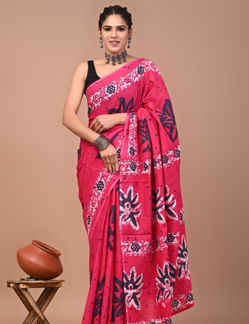 Peach Floral 80s count Mul Mul Cotton Saree