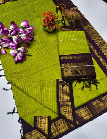 Parrot Green with Dark Maroon Border Kalyani Checked Cotton Saree