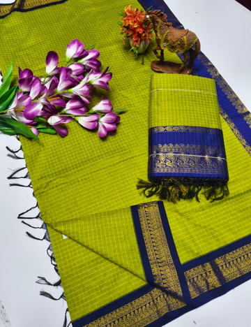Parrot Green with Royal Blue border Kalyani Checked Cotton Saree