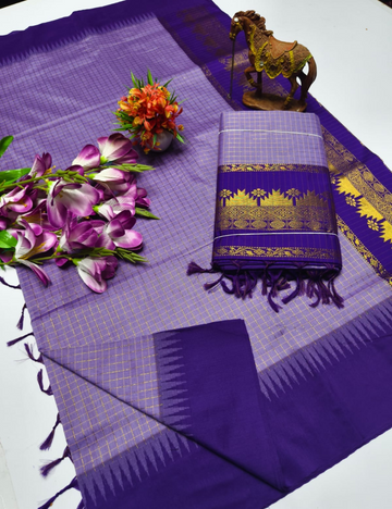Purple with Royal Blue border Kalyani Checked Cotton Saree