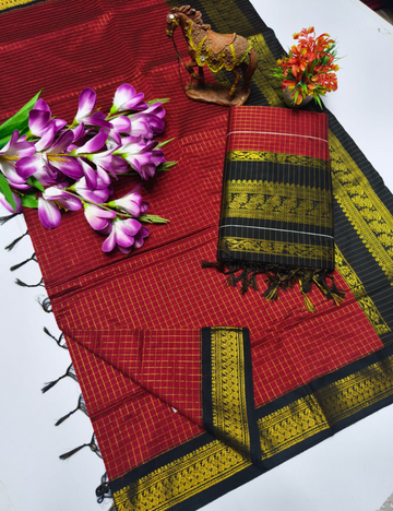 Red with Black border Kalyani Checked Cotton Saree