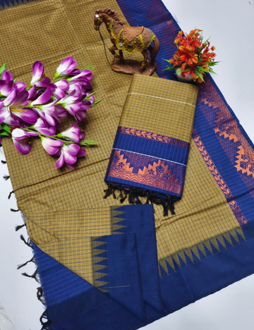 Golden with Blue border Kalyani Checked Cotton Saree