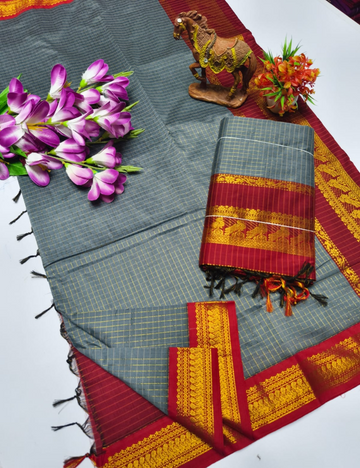 Grey with Red border Kalyani Checked Cotton Saree