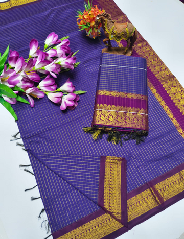 Blue with Magentha border Kalyani Checked Cotton Saree