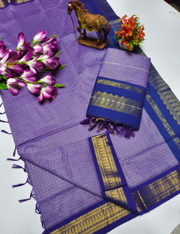 Purple with Blue border Kalyani Checked Cotton Saree