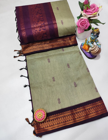 Beige with Dark Purple border Premium Kalyani Cotton Saree