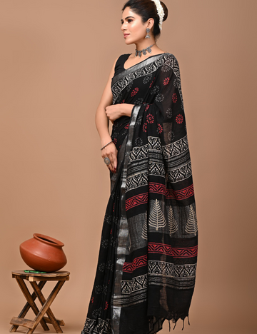 Black with Silver border Linen Cotton Saree -Ajrakh Print