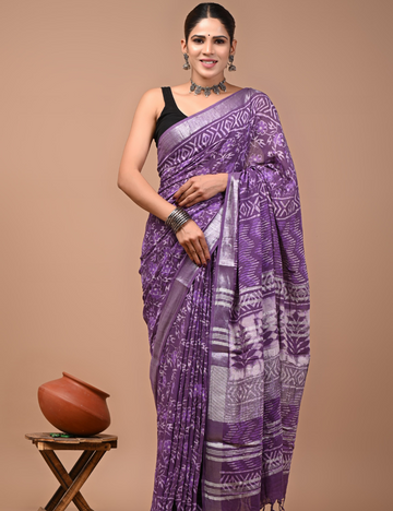 Light Purple with Silver Border Linen Cotton Saree-Ajrakh Print