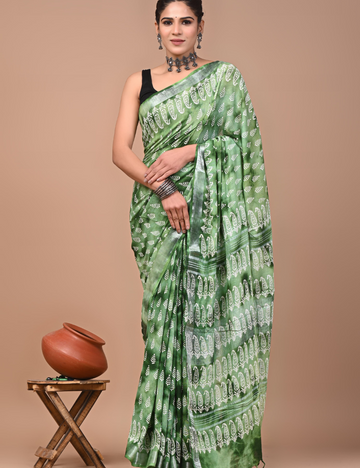 Light Green with Silver border Linen Cotton Saree-Ajrakh Print