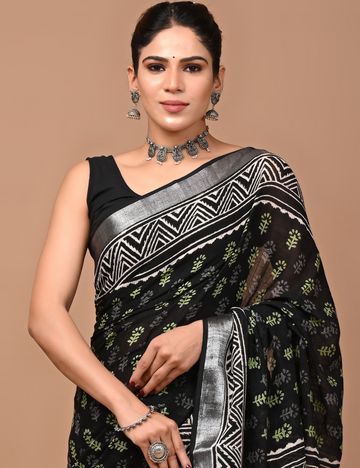 Black with Sliver border Linen Cotton Saree-Ajrakh Print