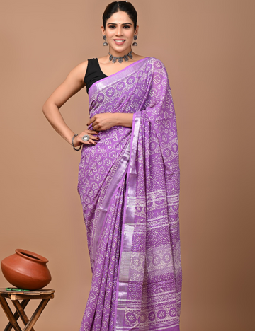Purple with Sliver border Linen Cotton Saree-Ajrakh Print