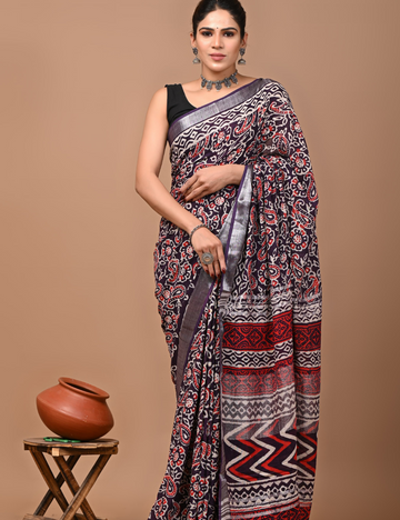 Black with Grey Sliver border Linen Cotton Saree-Ajrakh Print