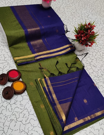 Green with Royal blue border Premium Mageshwari silk cotton saree