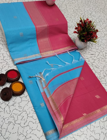 Aquva blue with light red border Premium Maheshwari silk cotton saree