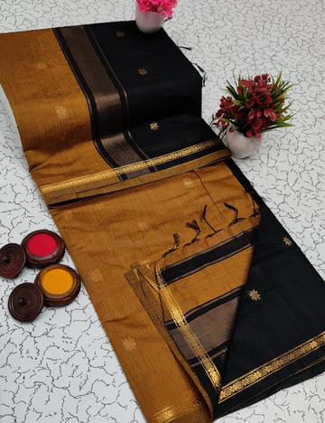 Mustard Yellow with Black border Premium Maheshwari silk cotton saree