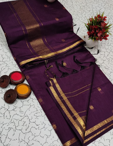 Dark Purple with Golden border Premium Maheshwari silk cotton saree