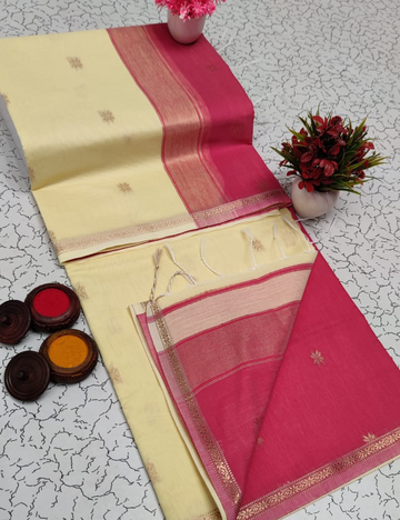 Creamy with Meroon border Premium Maheswari Cotton