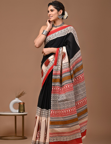 Black with Red big border 80s count Mul Mul Cotton Saree