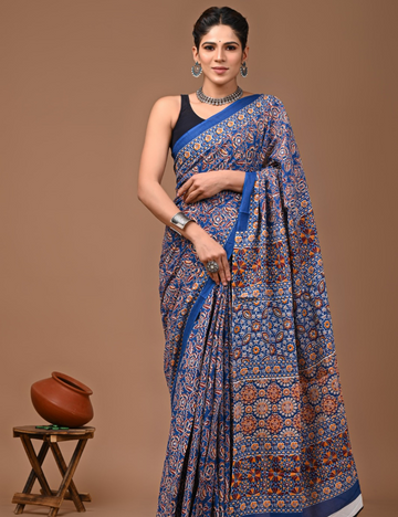 Blue Floral 80s count Mul Mul Cotton Saree