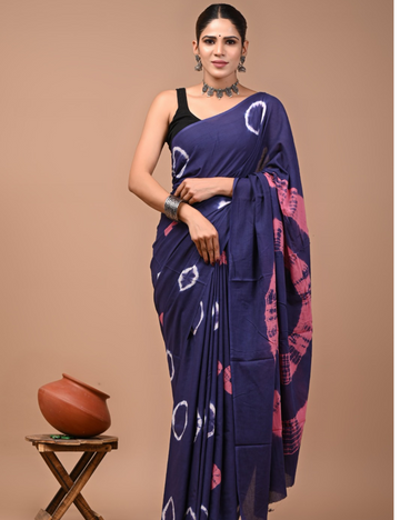 Royal Blue with pink shade 80s count Mul Mul Cotton Saree