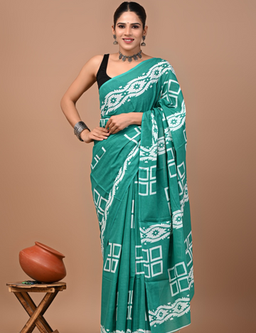 Tropical teal blue 80s count Mul Mul Cotton Saree