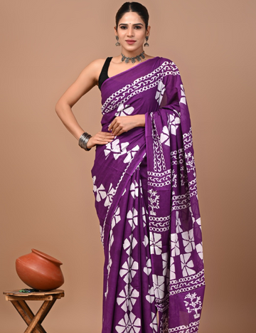 Dark Purple Floral 80s count Mul Mul Cotton Saree