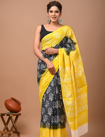 Grey with Yellow border 80s count Mul Mul cotton Saree
