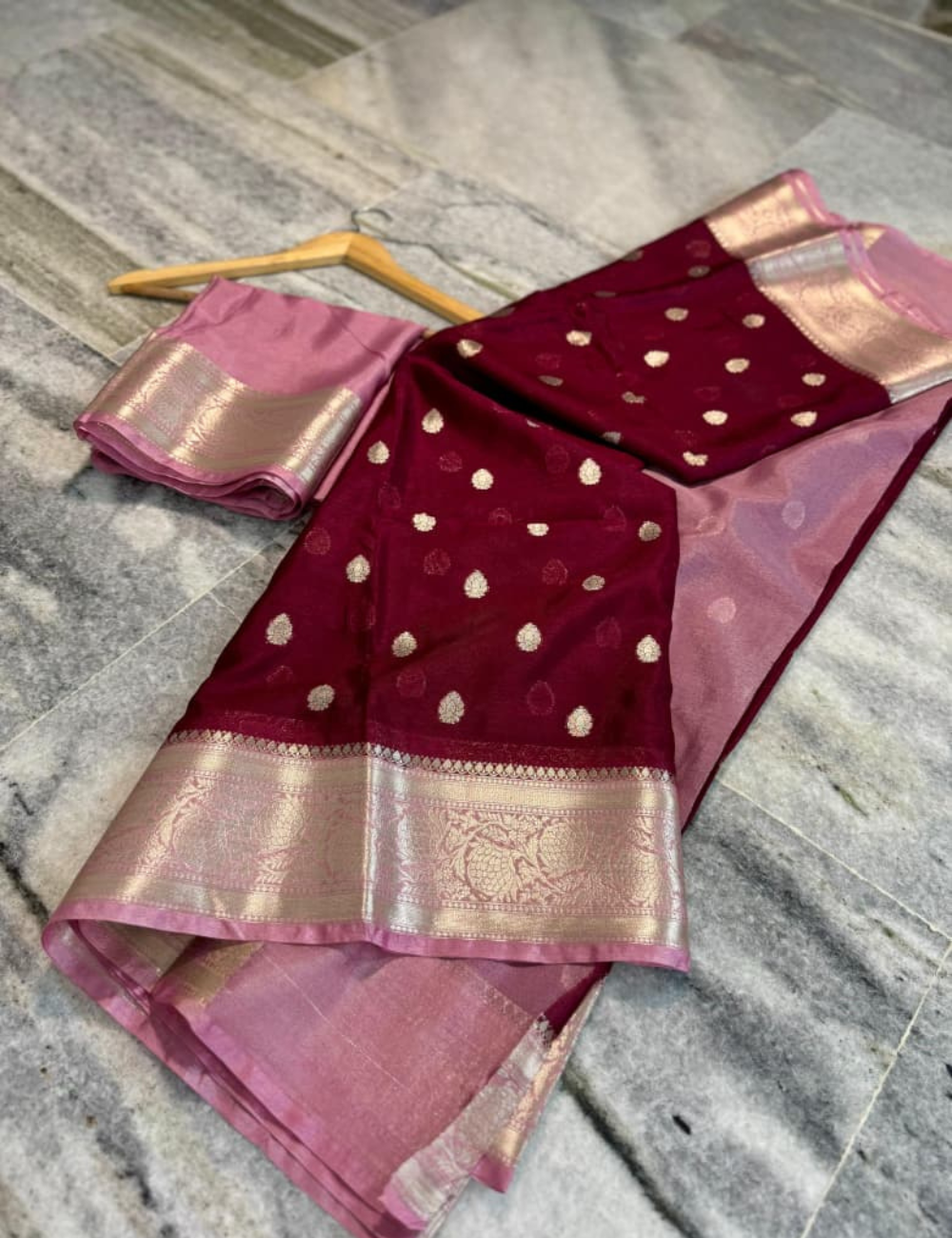 Maroon with Pink border Banarasi Warm Silk