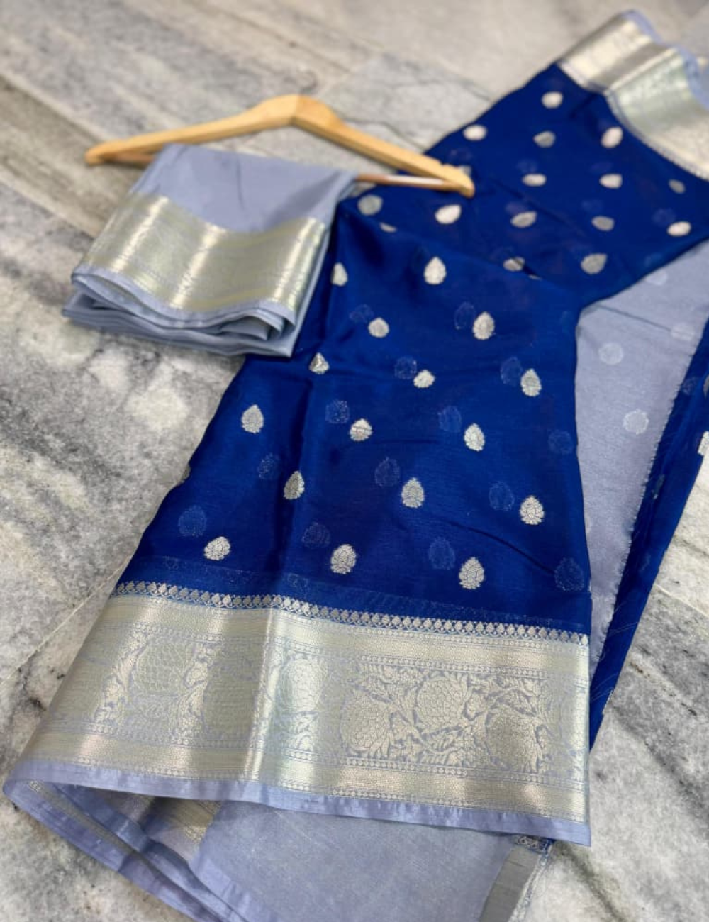 Royal Blue with Grey border Banarasi Warm Silk