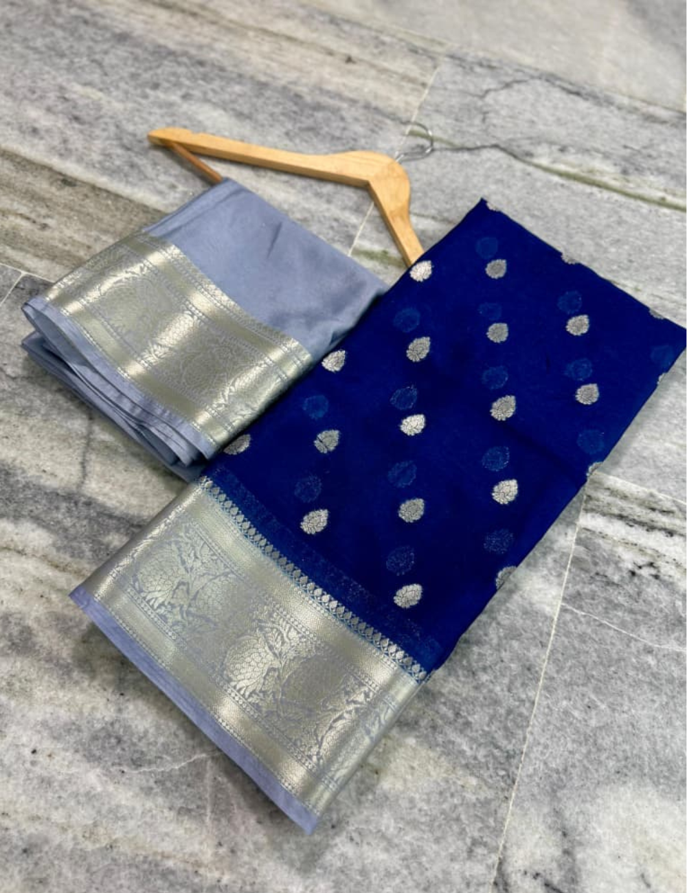 Royal Blue with Grey border Banarasi Warm Silk