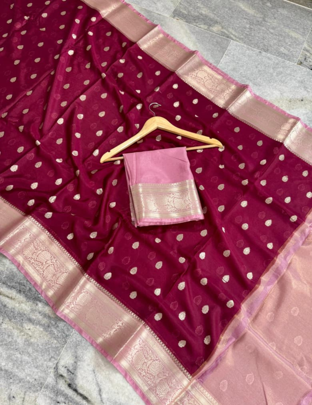 Maroon with Pink border Banarasi Warm Silk