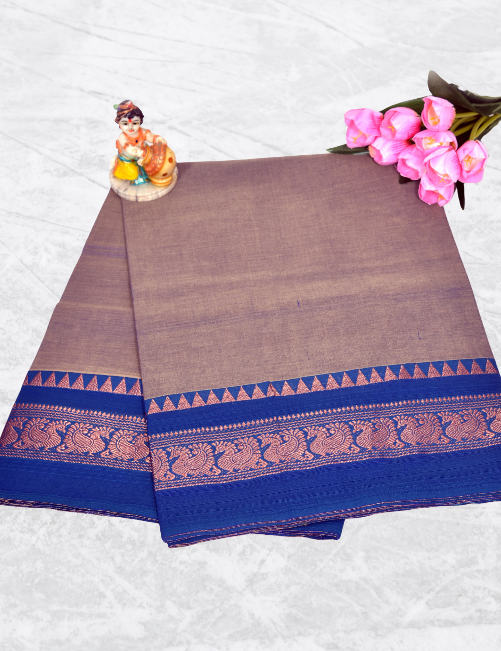 Ash with Blue Annam Border without Blouse
