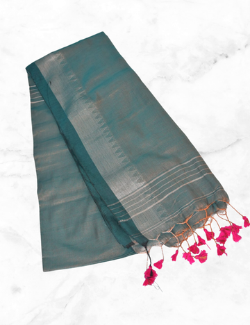 Dark Green with Silver Temple Border Raga Silk Cotton saree