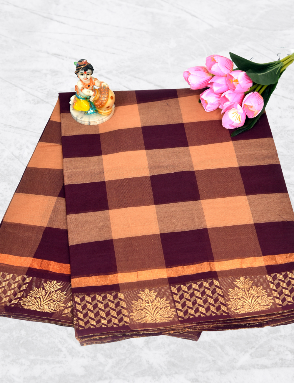 Peach with Brown Checked Cotton Saree without Blouse