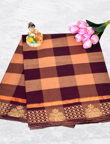 Peach with Brown Checked Cotton Saree without Blouse