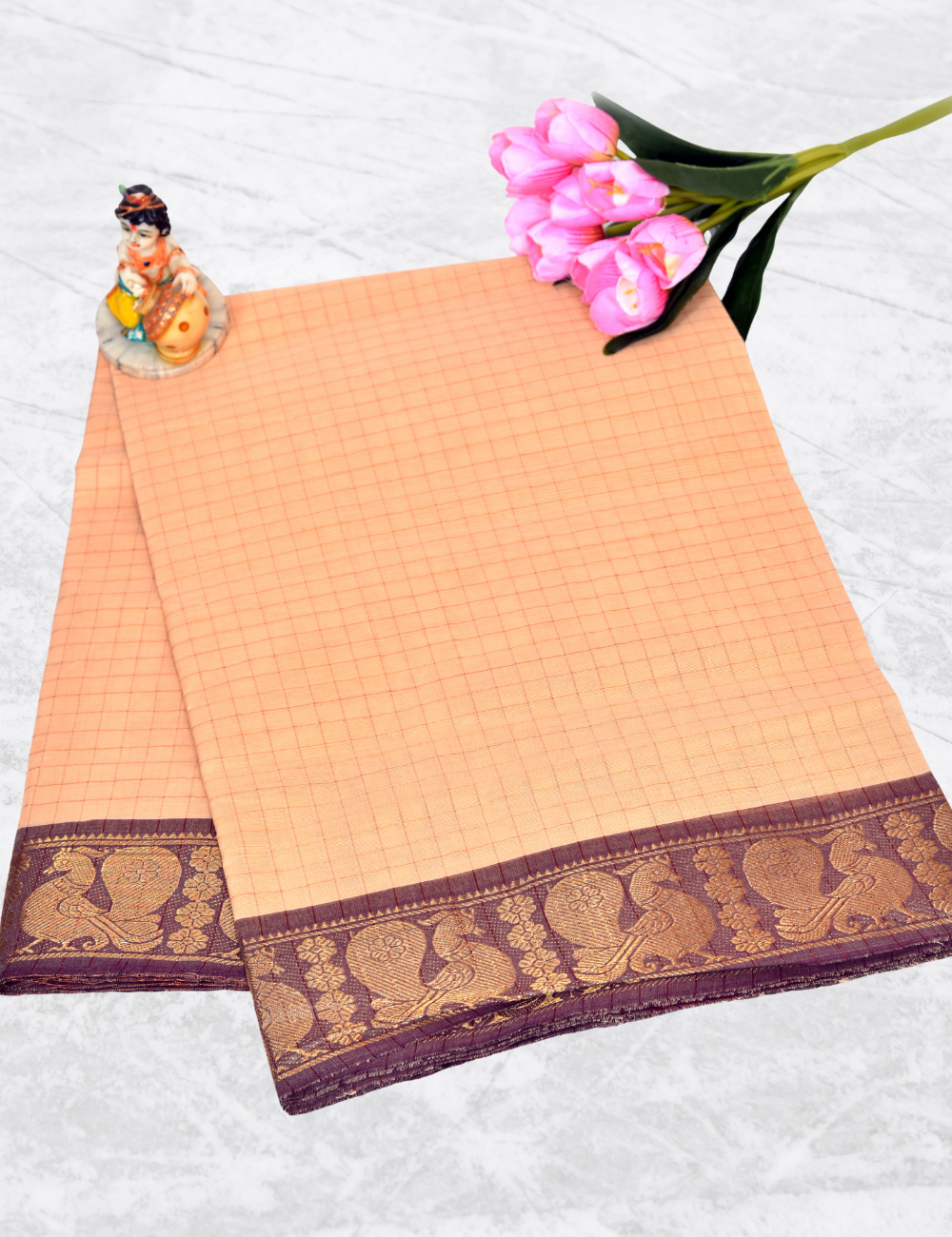 Peach with Brown Border Checked Chettinad Cotton Saree without Blouse