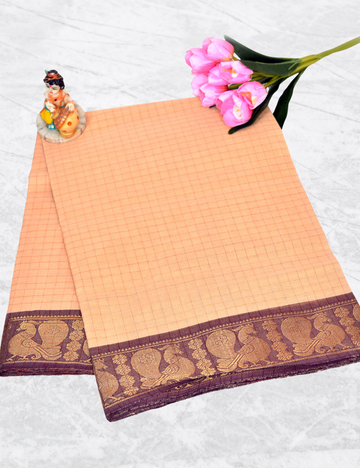 Peach with Brown Border Checked Chettinad Cotton Saree without Blouse