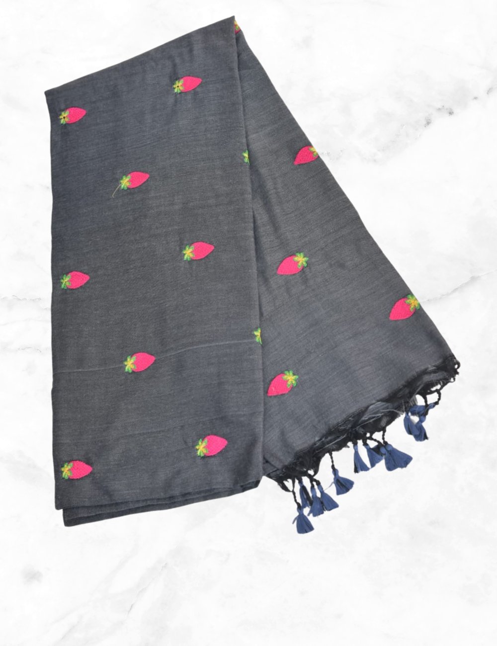 Dark Grey with Strawberry Print Khadhi Cotton Saree