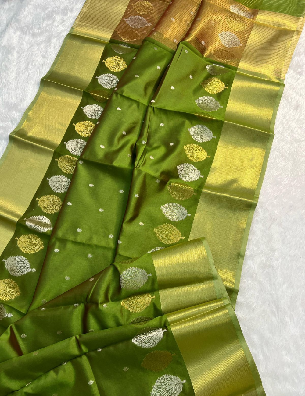 Green with Golden border Banarasi Semi Katan Silk