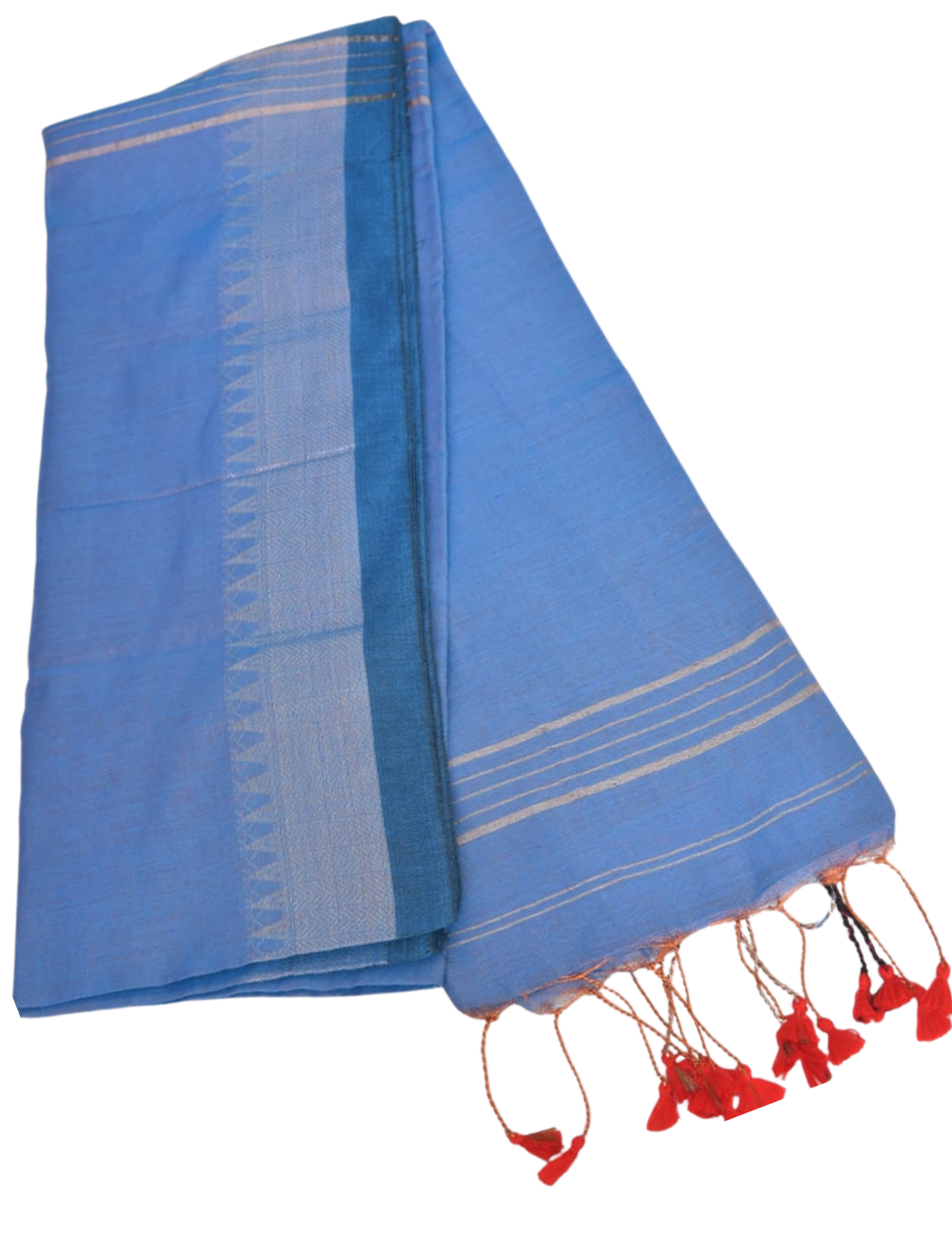 Deep Blue with Silver Temple border Raga Silk Cotton Saree