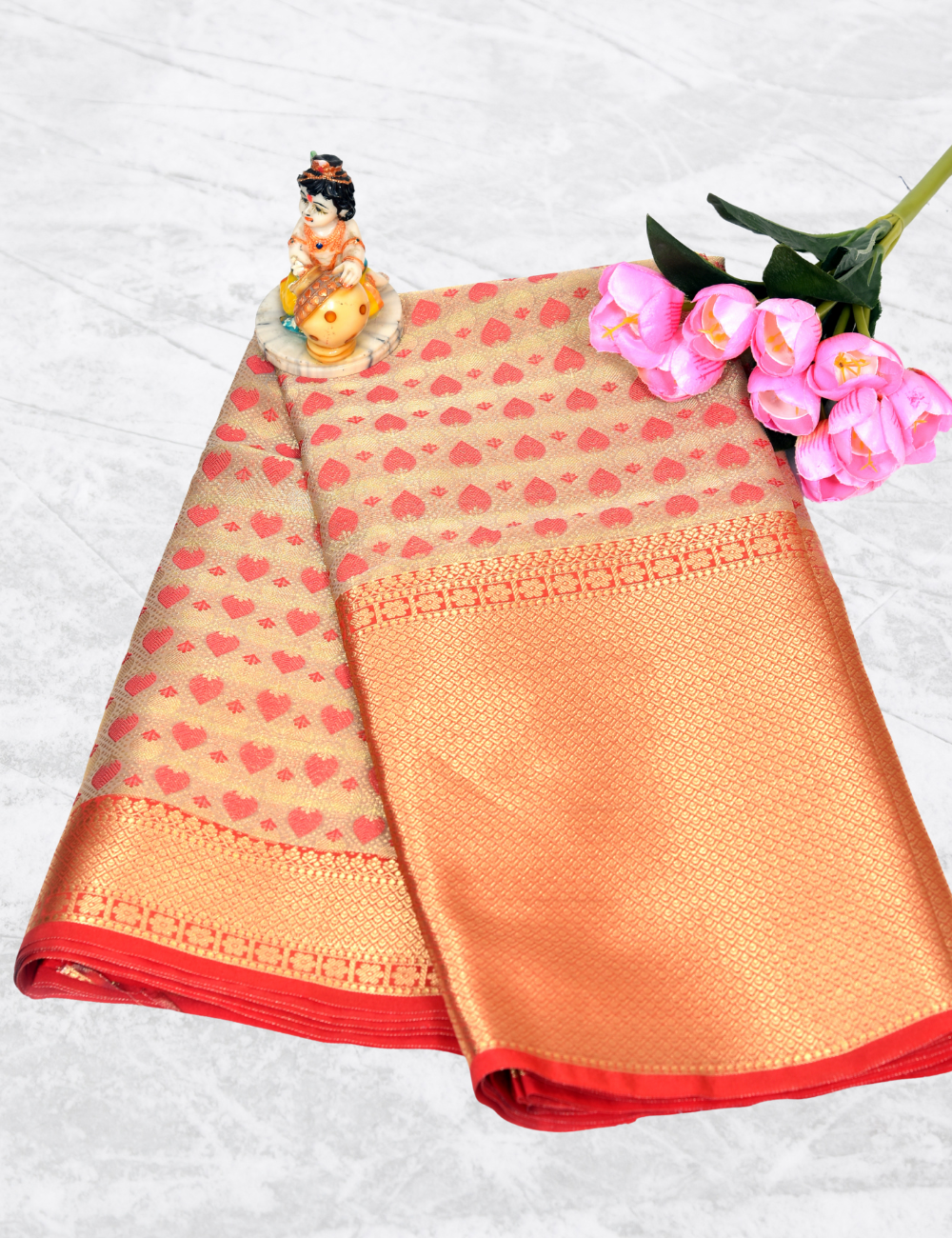 Golden with Red Big Border Banarasi Saree