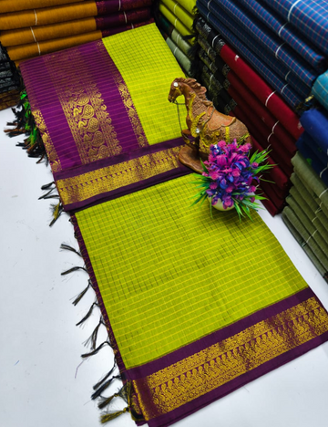 Parrot Green with Dark Magenta Border Kalyani Checked Cotton Saree