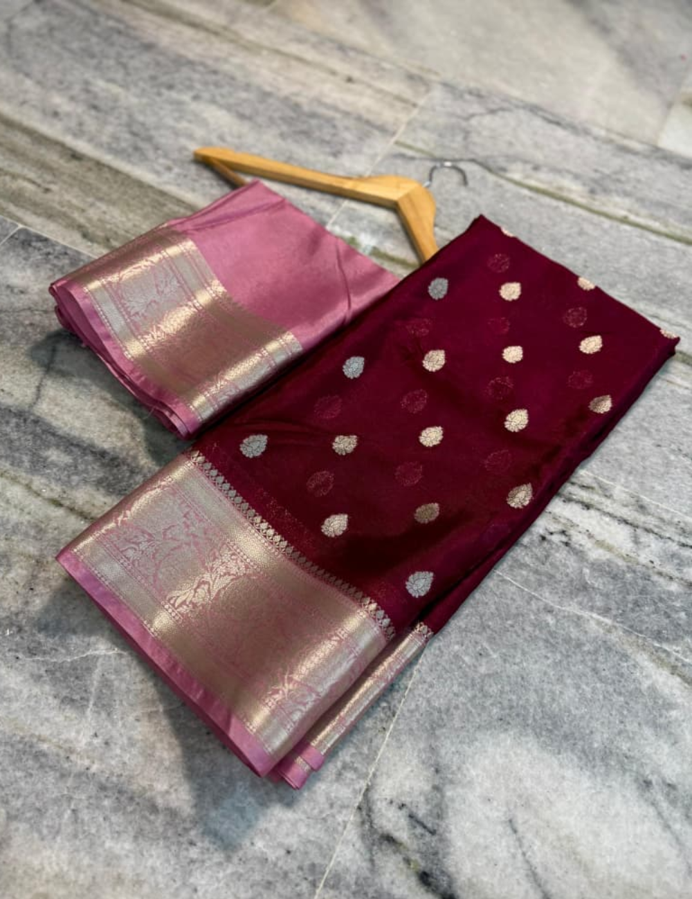 Maroon with Pink border Banarasi Warm Silk