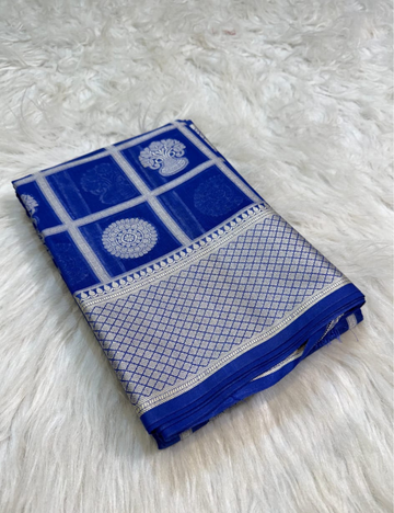 Blue with Sliver Boreder Big Checked Banarasi Saree without Blouse